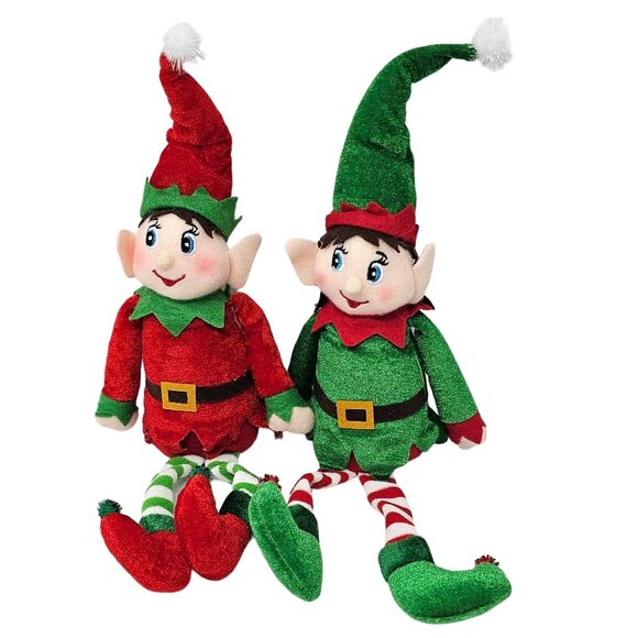 Plush Christmas Red and Green Elf Set, Striped Leggings, Adjustable Elf Hat - Picture 1 of 6